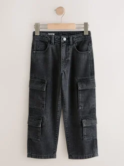 Zwart - Denim cargojeans met meerdere zakken en 100% katoen (3 - 16 jr)