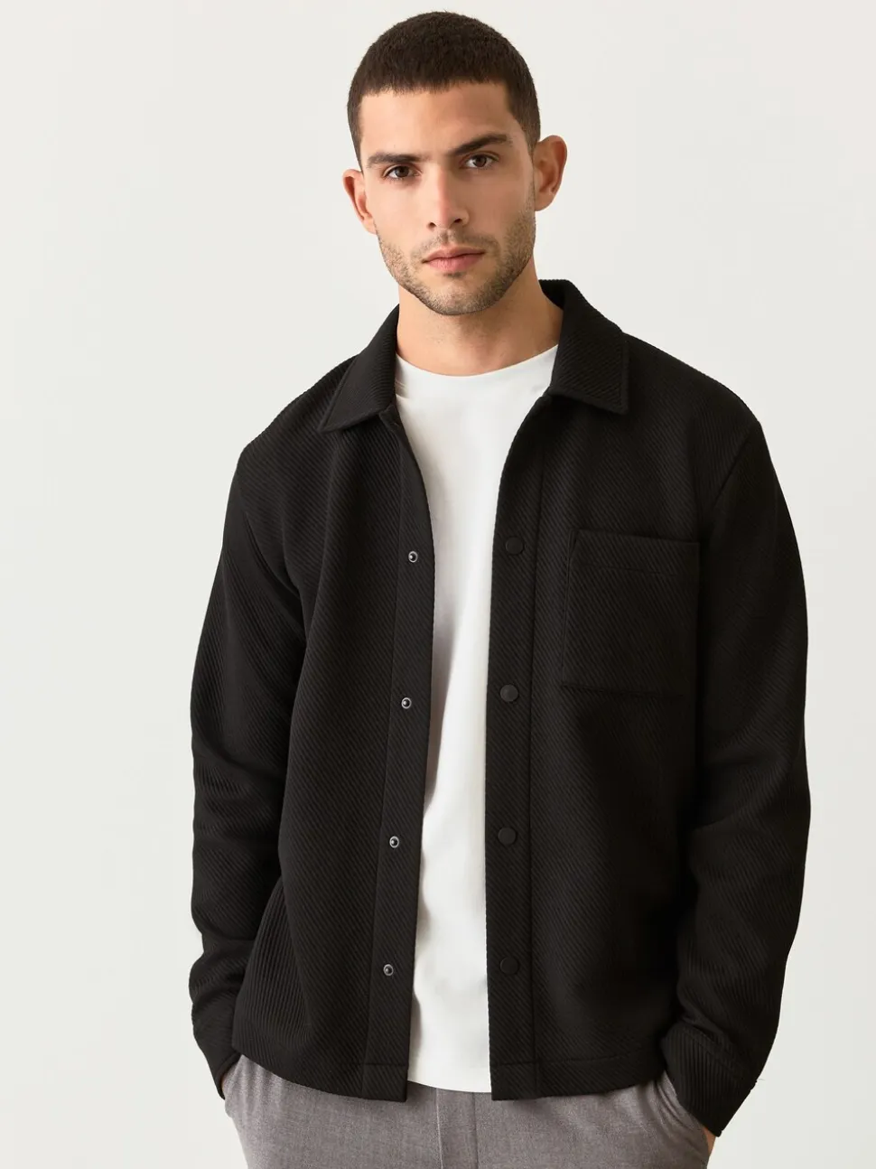 Zwart - Diagonaal structuur Jersey Overshirt