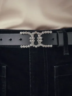 Zwart - Diamante Statement Buckle Regular Leather Belt