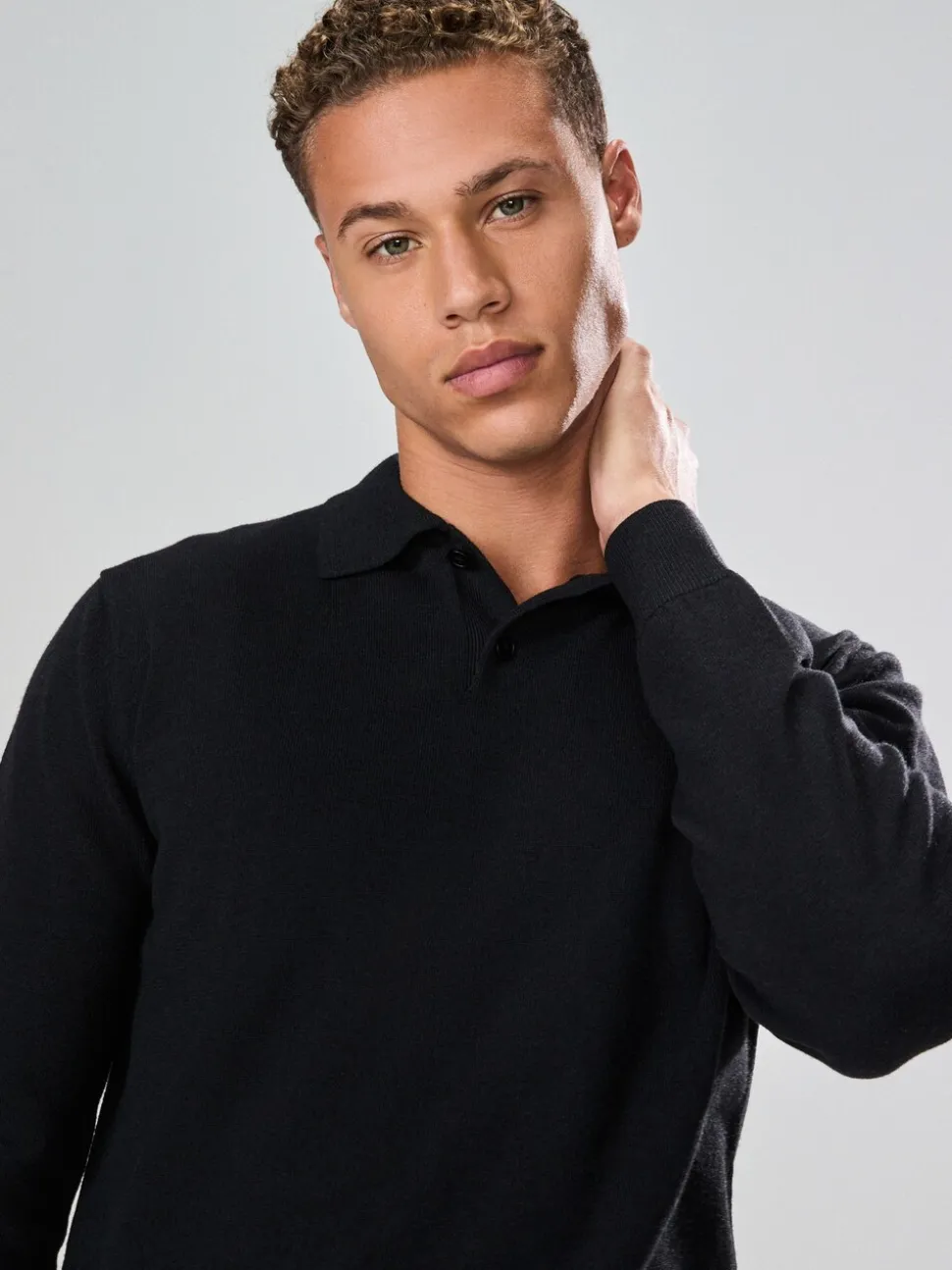 Zwart - Effen - Regular Fit Essential Long Sleeve Knitted Polo Shirt