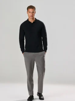 Zwart - Effen - Regular Fit Essential Long Sleeve Knitted Polo Shirt