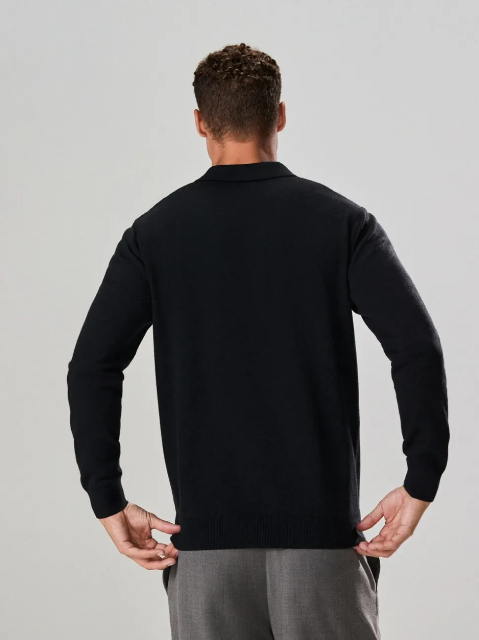 Zwart - Effen - Regular Fit Essential Long Sleeve Knitted Polo Shirt