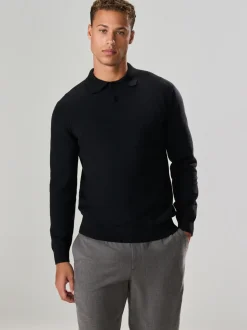 Zwart - Effen - Regular Fit Essential Long Sleeve Knitted Polo Shirt