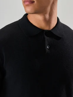 Zwart - Effen - Regular Fit Essential Long Sleeve Knitted Polo Shirt