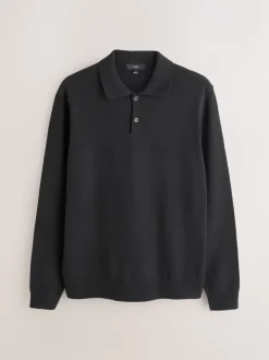 Zwart - Effen - Regular Fit Essential Long Sleeve Knitted Polo Shirt