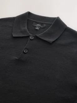 Zwart - Effen - Regular Fit Essential Long Sleeve Knitted Polo Shirt