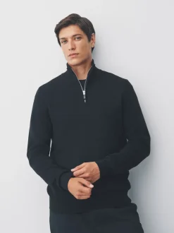 Zwart - Effen - Regular fit 100% katoenen premium trui met korte rits