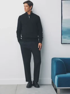 Zwart - Effen - Regular fit 100% katoenen premium trui met korte rits