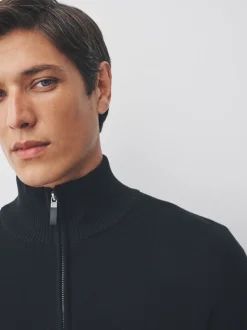 Zwart - Effen - Regular fit 100% katoenen premium trui met korte rits