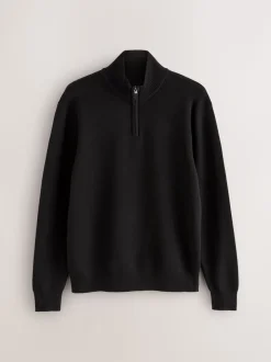 Zwart - Effen - Regular fit 100% katoenen premium trui met korte rits