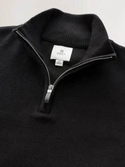 Zwart - Effen - Regular fit 100% katoenen premium trui met korte rits