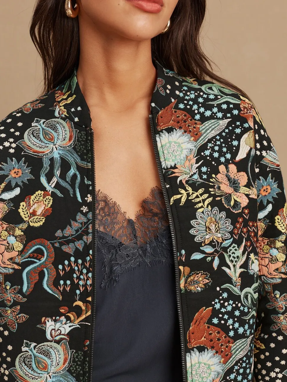 Zwart - Floral Jacquard Bomber Jacket
