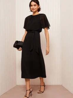 Zwart - Friends Like These scuba chiffon midi-jurk met fladdermouwen