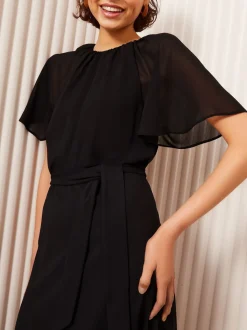 Zwart - Friends Like These scuba chiffon midi-jurk met fladdermouwen
