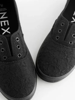 Zwart - Geborduurde veterloze canvas instapsneakers