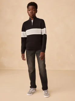 Zwart - Gebreide trui met kleurblokken en ritskraag (3-16jr)