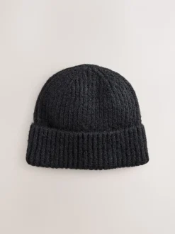 Zwart - Geribbelde beanie-muts met wol