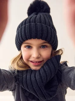 Zwart - Geribbelde beanie-muts met pompon (3mnd -16jr)