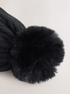 Zwart - Geribbelde beanie-muts met pompon (3mnd -16jr)