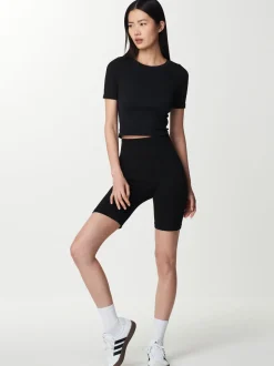 Zwart - Geribbelde fietsshort met hoge taille