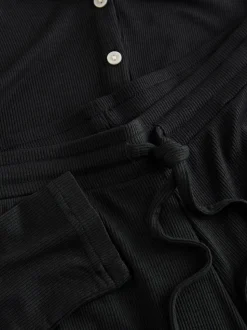 Zwart - Geribbelde pyjama met lange mouwen