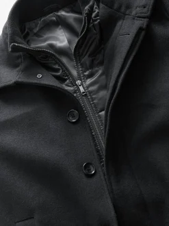 Zwart - Gewatteerde jas van wolmix met visgraatmotief en geïntegreerd gilet