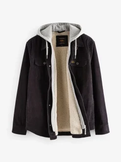 Zwart - Hooded Corduroy Borg Lined Shacket