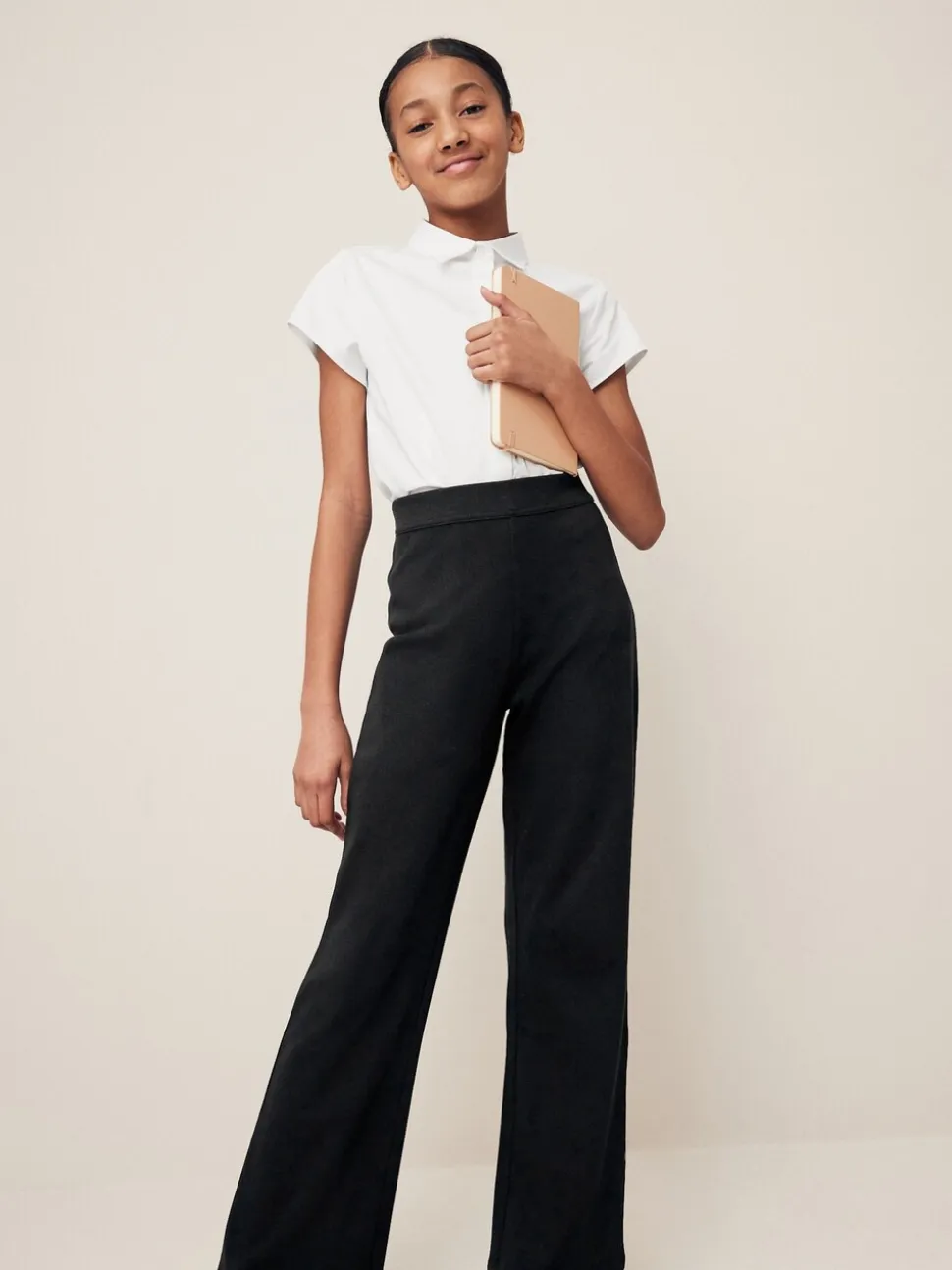 Zwart - Jersey schoolbroek met bootcut, hoge elastische taille, hoog katoenpercentage en stretch (9-17jaar)