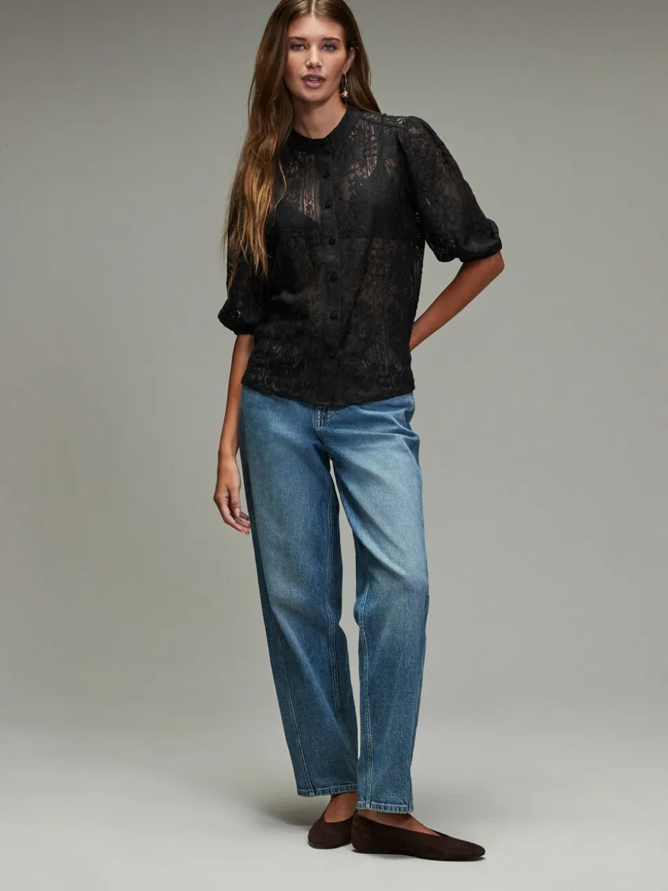 Zwart - Lace Half Sleeve Blouse