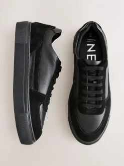 Zwart - Leather Chunky Panel Detail Lace Up Trainers