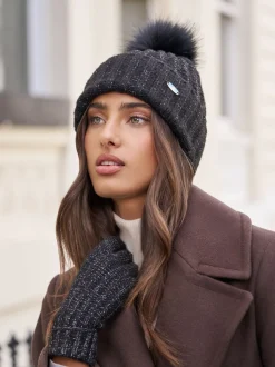Zwart - Lipsy Shimmer Ribbed Pom Hat