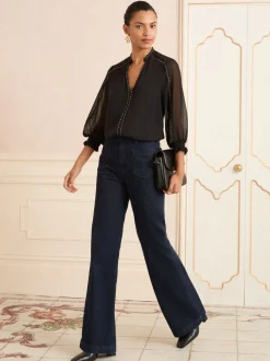 Zwart - Love & Roses blouse met V-hals en hardware met 3/4 mouwen