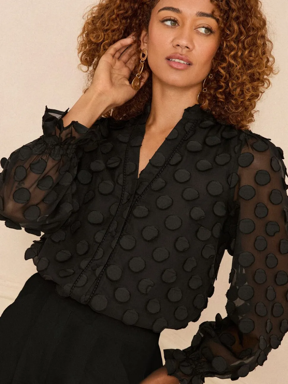 Zwart - Love & Roses 3D blouse met lange mouwen en stippen
