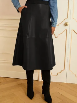 Zwart - Love & Roses Fit en Flare imitatieleren midi-jurk