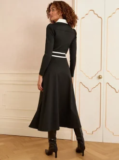Zwart - Love & Roses Ponte midi-jurk met contrastrand en rits aan de voorkant en lange mouwen