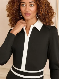 Zwart - Love & Roses Ponte midi-jurk met contrastrand en rits aan de voorkant en lange mouwen