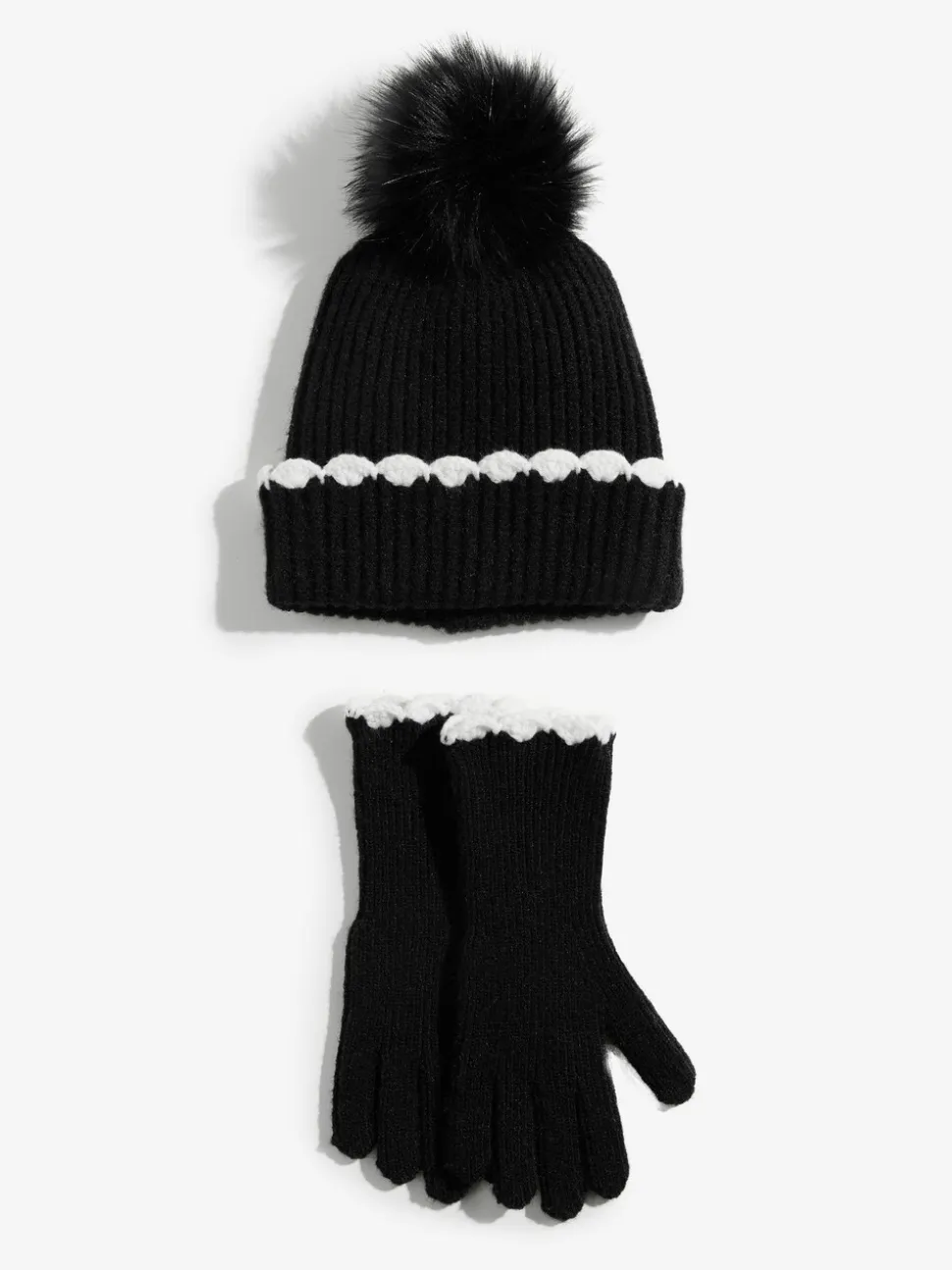 Zwart - Love & Roses Scallop Trim Ribbed Pom Hat and Gloves Set