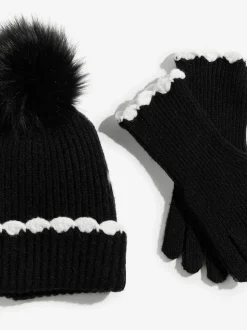 Zwart - Love & Roses Scallop Trim Ribbed Pom Hat and Gloves Set