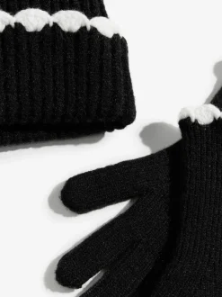 Zwart - Love & Roses Scallop Trim Ribbed Pom Hat and Gloves Set