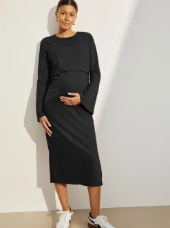 Zwart - Maternity Long Sleeve Nursing Shelf Dress