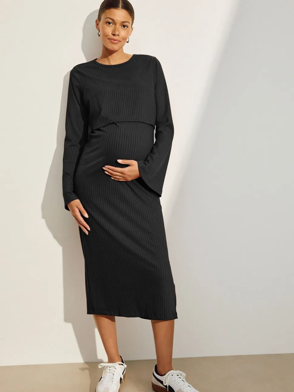 Zwart - Maternity Long Sleeve Nursing Shelf Dress