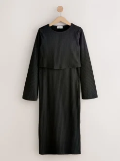 Zwart - Maternity Long Sleeve Nursing Shelf Dress