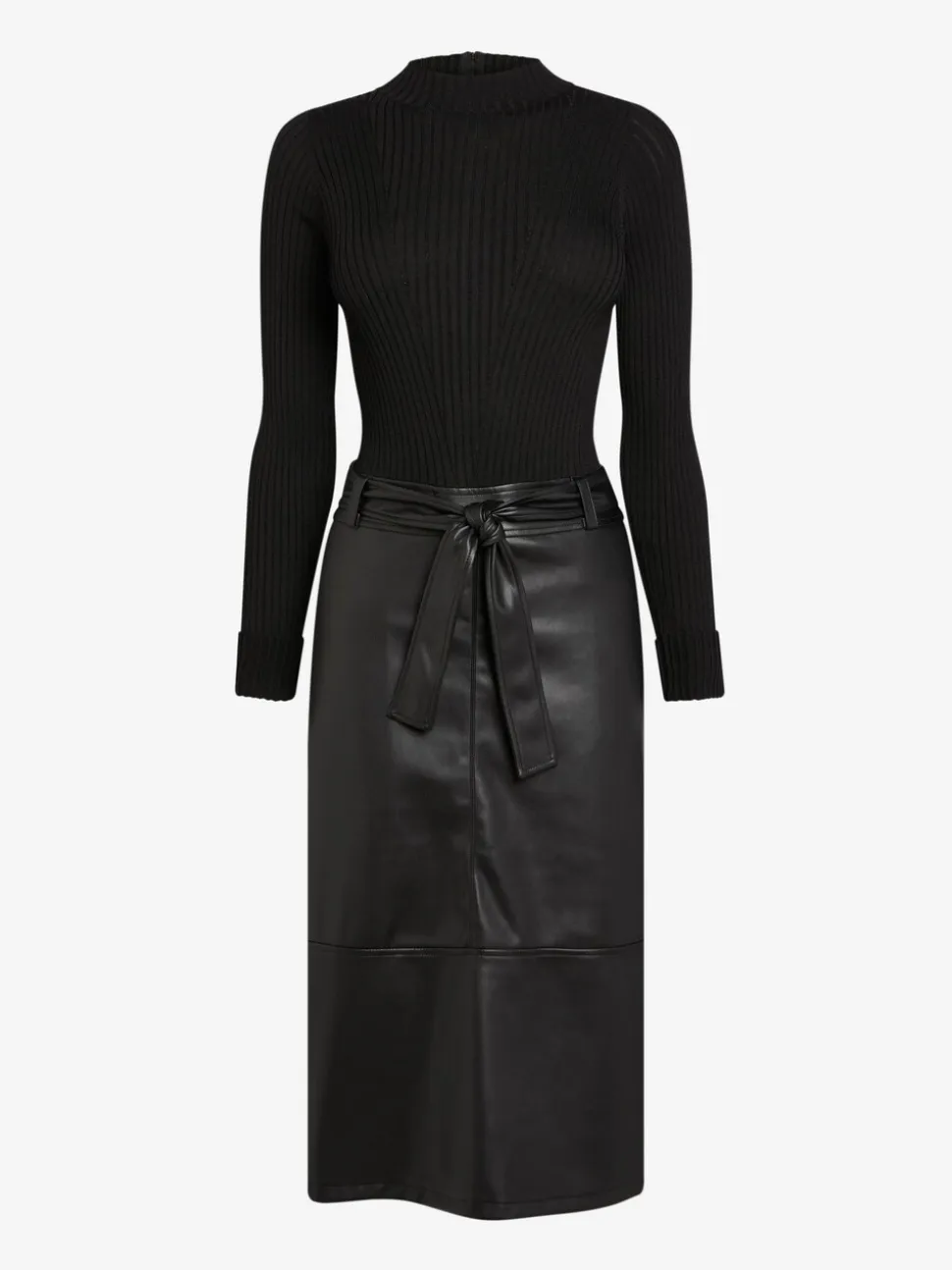 Zwart - Midi-jurk met imitatieleren mix en riem