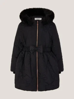 Zwart - Monsoon Faux Fur Hooded Bow Quilted Coat