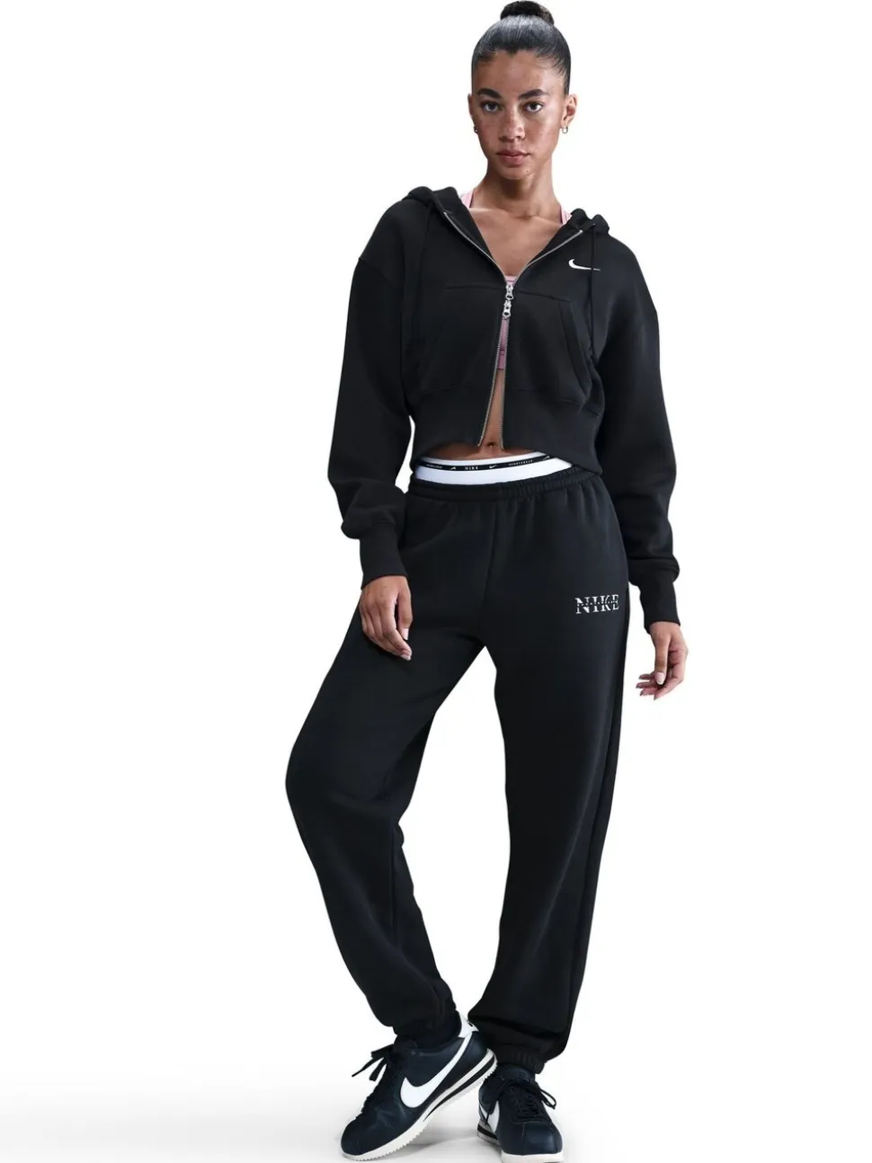 Zwart - Nike oversized Phoenix fleece joggingbroek met hoge taille en grafisch logo