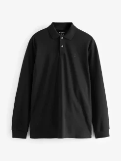 Zwart - Normale Pasvorm - Piqué polo met lange mouwen