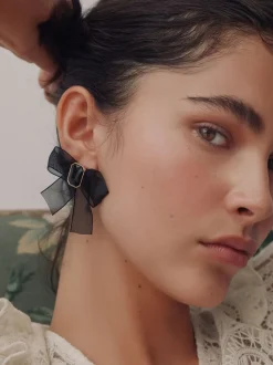 Zwart - Organza Bow Stud Earrings