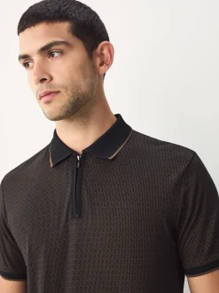 Zwart - Pattern Quarter Zip Polo Shirt
