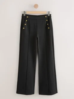 Zwart - Ponte Broek met Wijde pijpen en goudkleurige knoopdetails