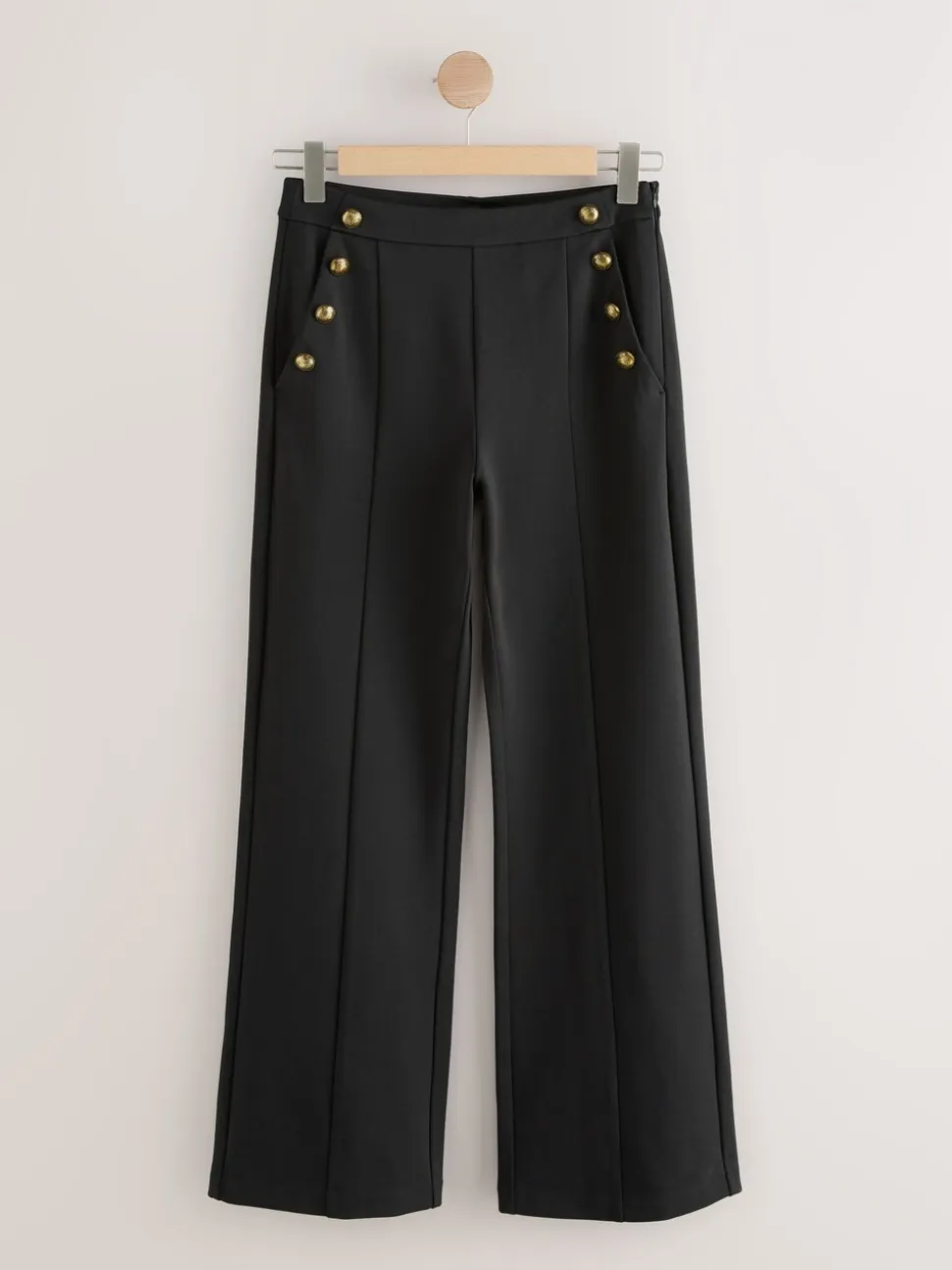 Zwart - Ponte Broek met Wijde pijpen en goudkleurige knoopdetails